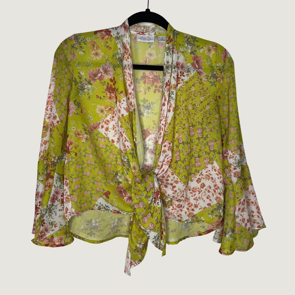 Sweet Pea Blouse Womens XS Green Floral Patchwork Tie Front Bell Sleeve Top